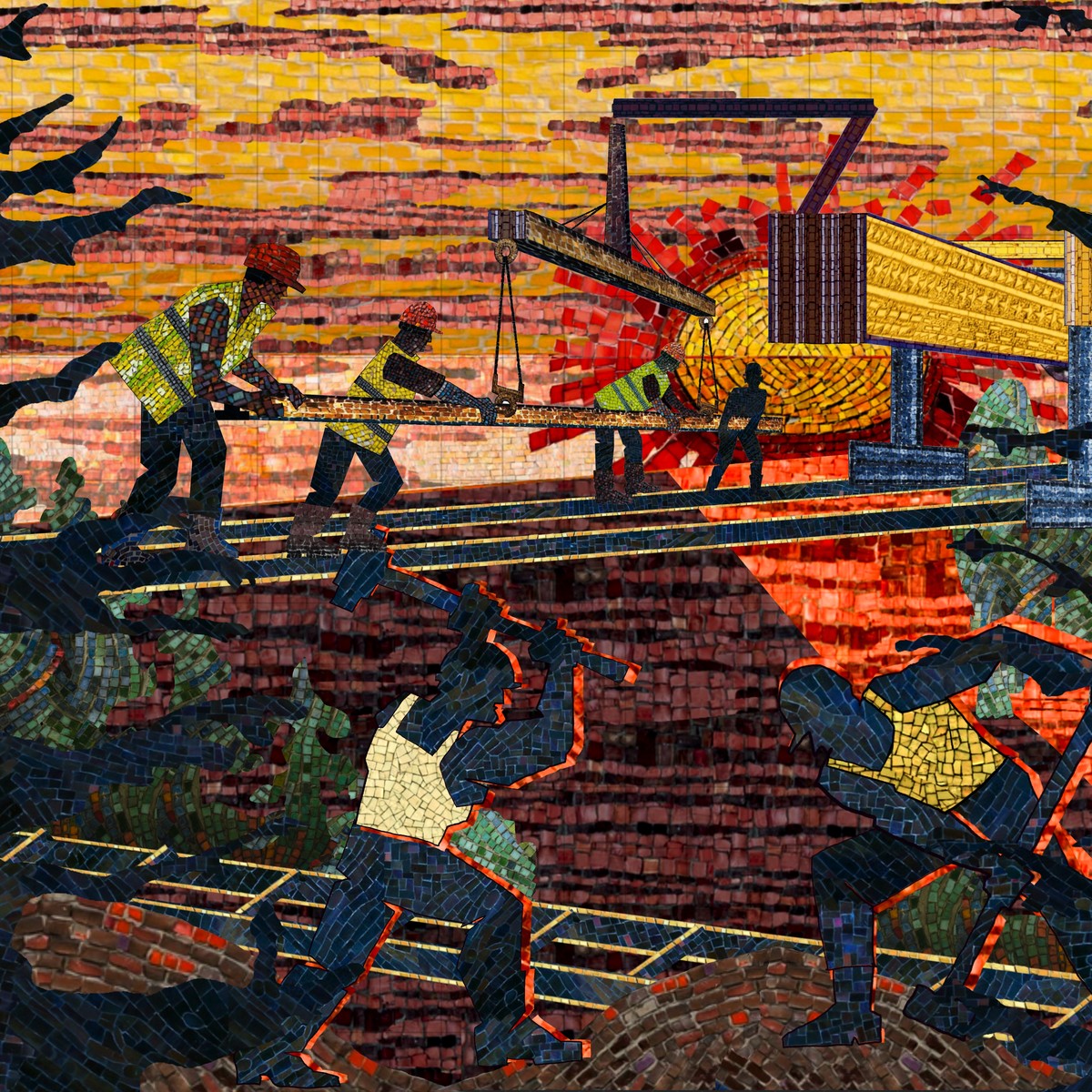 Editorial illustration, mosaic-style, construction scene