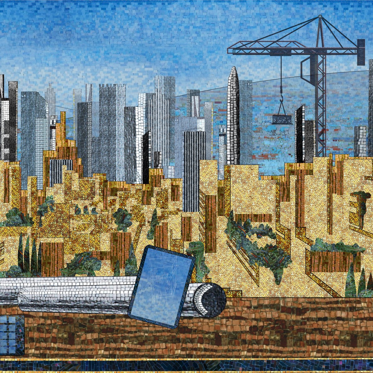 Editorial illustration, mosaic-style, city skyline