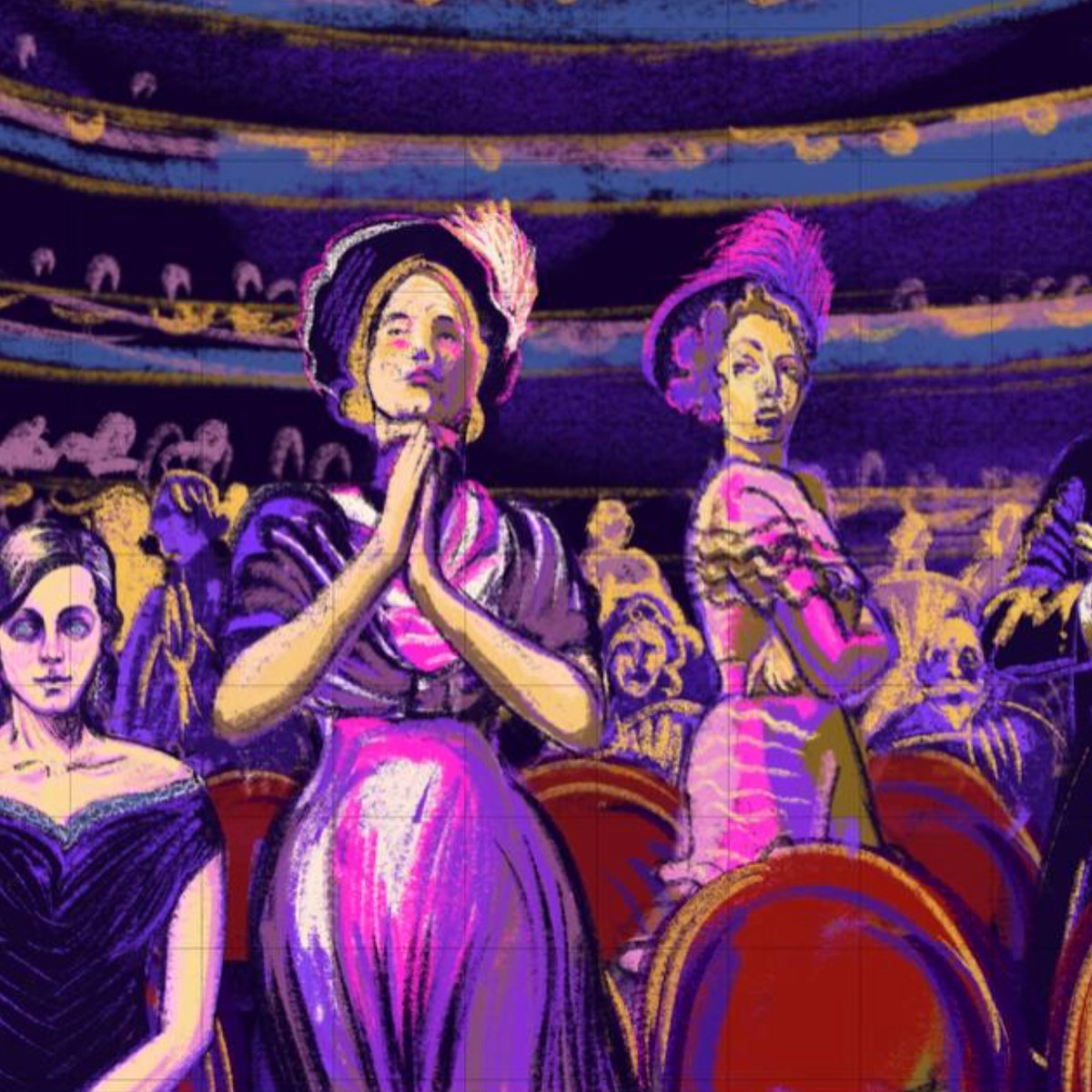 Editorial illustration, theatre audience, stylized