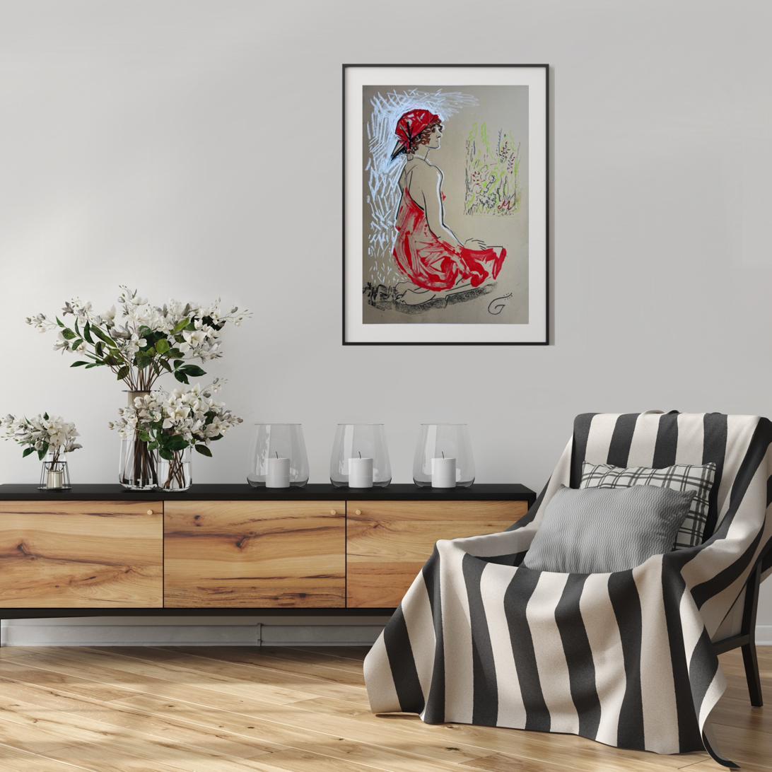 Custom portrait, pastel, shown framed in an interior